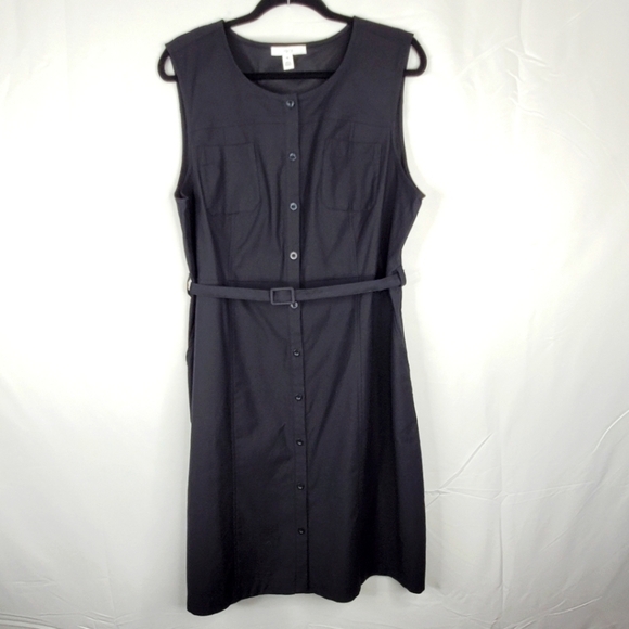 1901 Belted Twill Dress 16 Black Sleeveless Button Front with Pockets Preppy - Picture 2 of 14